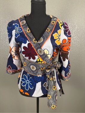 Elevenses Floral Wrap Tie-Front Women's Top in Navy Multi - Anthropologie
